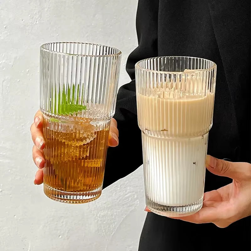 Stylish 600ML Stripe Glass Coffee Cup with Lid & Straw - Perfect for Iced Coffee, Juice, and Milk Tea!