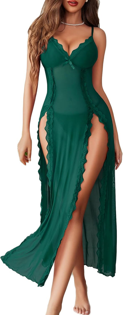 Women's Sexy Lace Babydoll Chemise - V Neck Mesh Nightdress with Side Split Nightgown