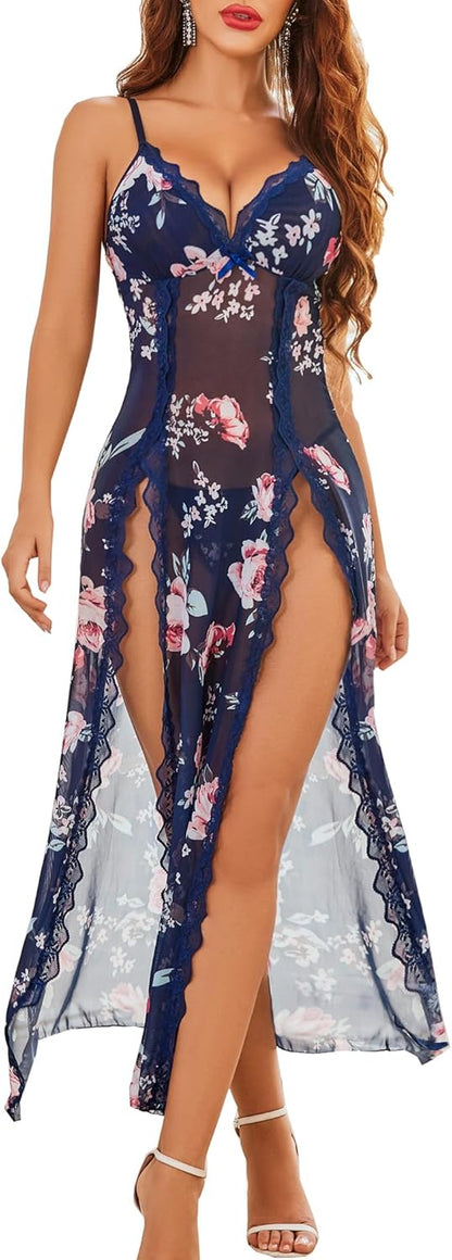 Women's Sexy Lace Babydoll Chemise - V Neck Mesh Nightdress with Side Split Nightgown