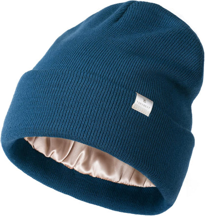 Satin Lined Beanie - Stylish Winter Hat for Women & Men, Reduces Frizz, Soft Slouchy Cuffed Design, Less Static
