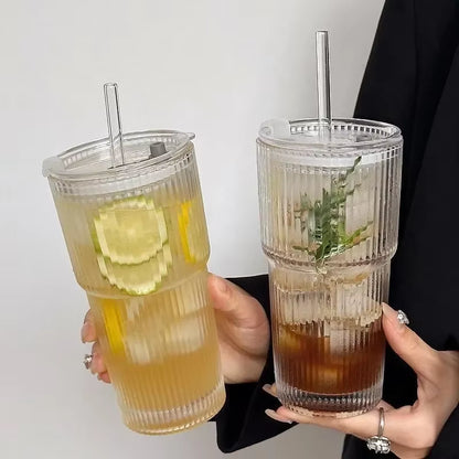 Stylish 600ML Stripe Glass Coffee Cup with Lid & Straw - Perfect for Iced Coffee, Juice, and Milk Tea!