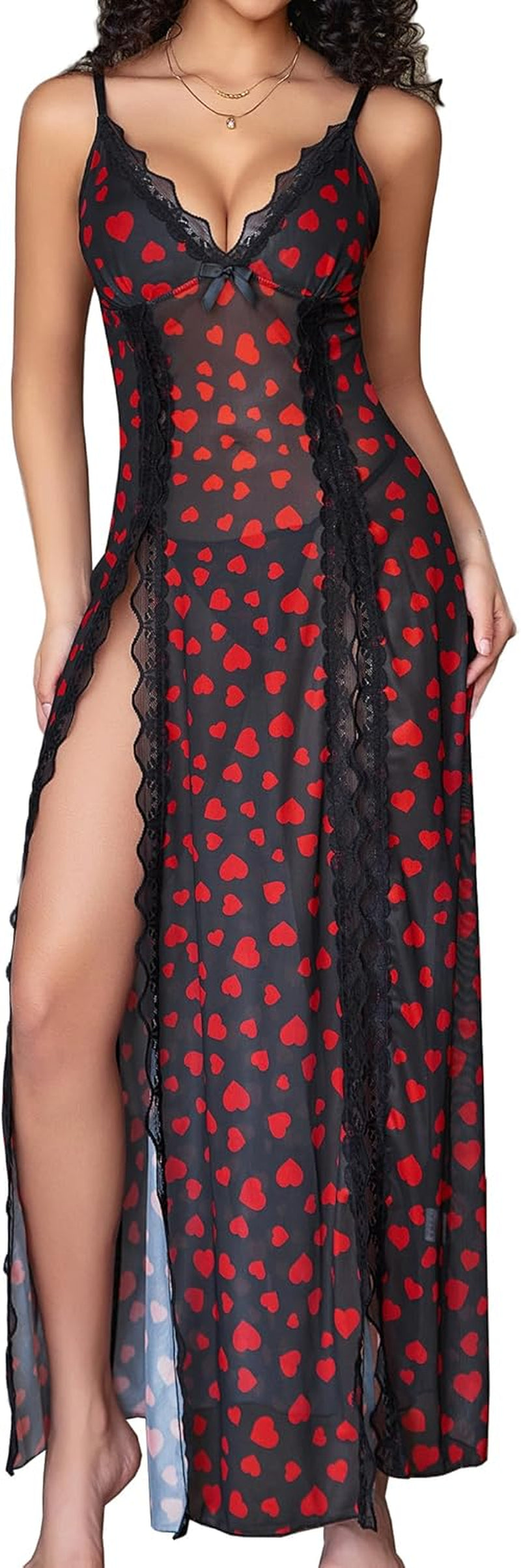 Women's Sexy Lace Babydoll Chemise - V Neck Mesh Nightdress with Side Split Nightgown