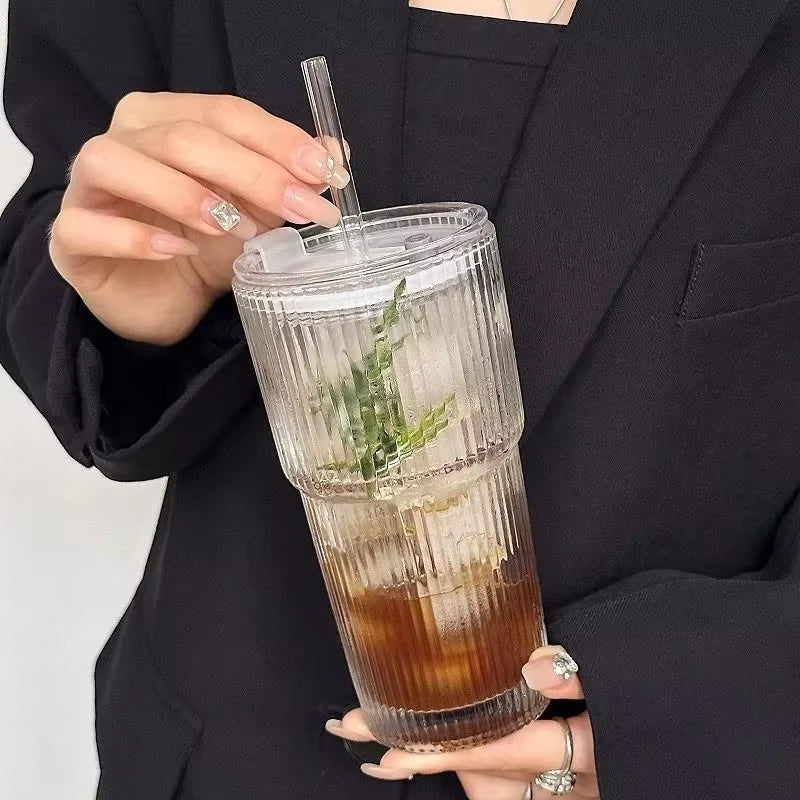 Stylish 600ML Stripe Glass Coffee Cup with Lid & Straw - Perfect for Iced Coffee, Juice, and Milk Tea!