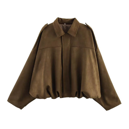 New 2025 Women Suede Textured Bomber Jacket Long Sleeve Lapel Collar Loose Coats Casual Female Outerwear Chic Tops