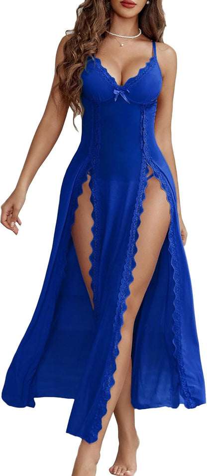 Women's Sexy Lace Babydoll Chemise - V Neck Mesh Nightdress with Side Split Nightgown