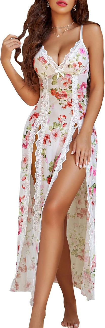 Women's Sexy Lace Babydoll Chemise - V Neck Mesh Nightdress with Side Split Nightgown