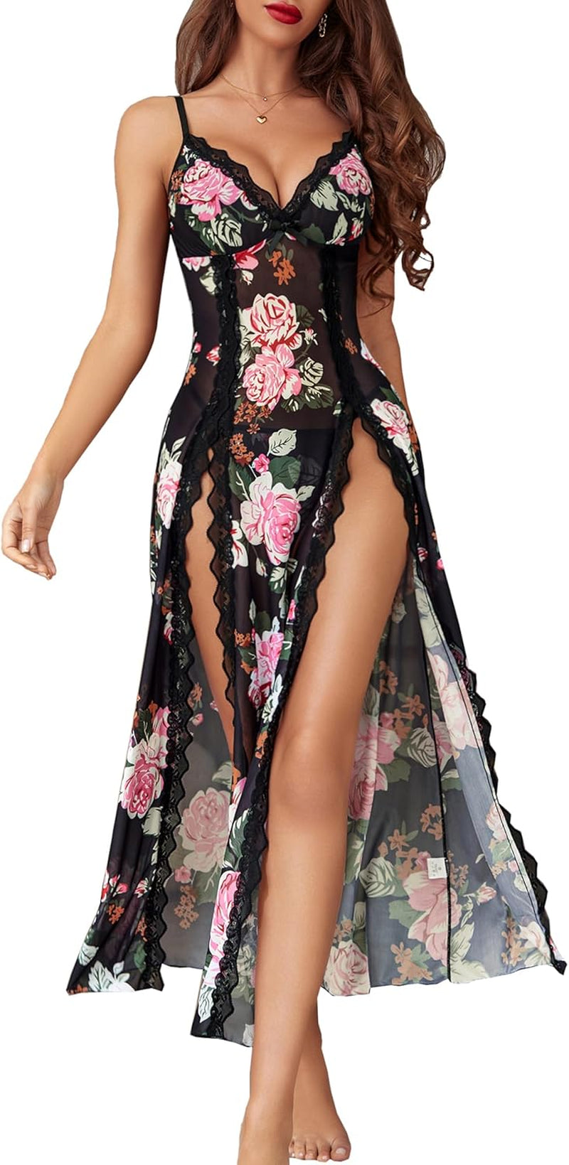 Women's Sexy Lace Babydoll Chemise - V Neck Mesh Nightdress with Side Split Nightgown