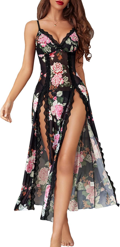 Women's Sexy Lace Babydoll Chemise - V Neck Mesh Nightdress with Side Split Nightgown