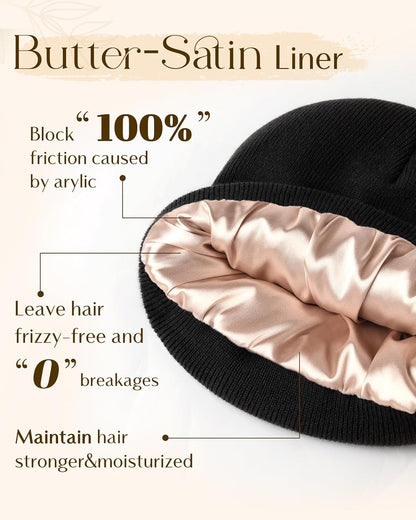 Satin Lined Beanie - Stylish Winter Hat for Women & Men, Reduces Frizz, Soft Slouchy Cuffed Design, Less Static