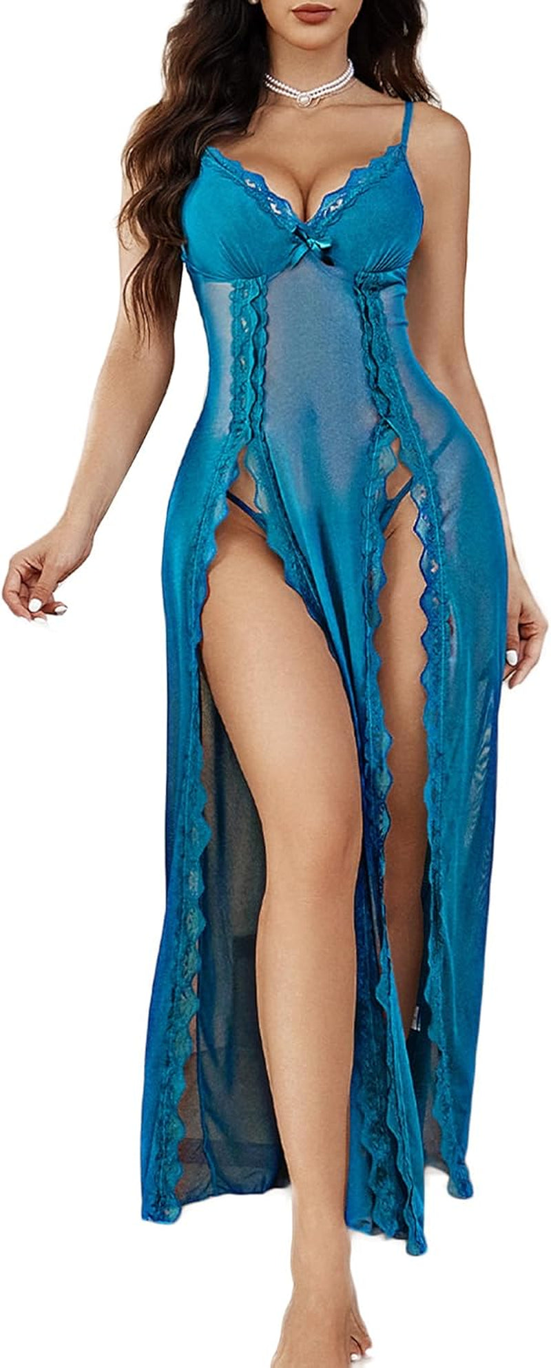 Women's Sexy Lace Babydoll Chemise - V Neck Mesh Nightdress with Side Split Nightgown