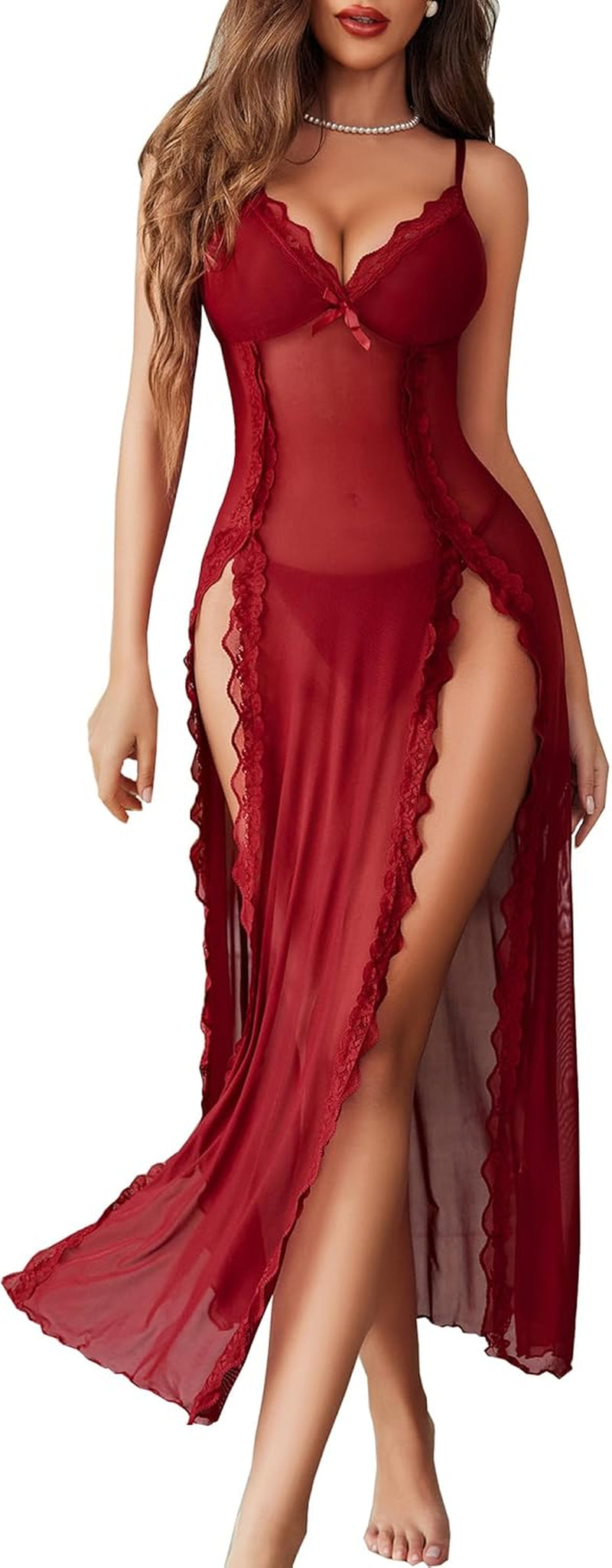 Women's Sexy Lace Babydoll Chemise - V Neck Mesh Nightdress with Side Split Nightgown