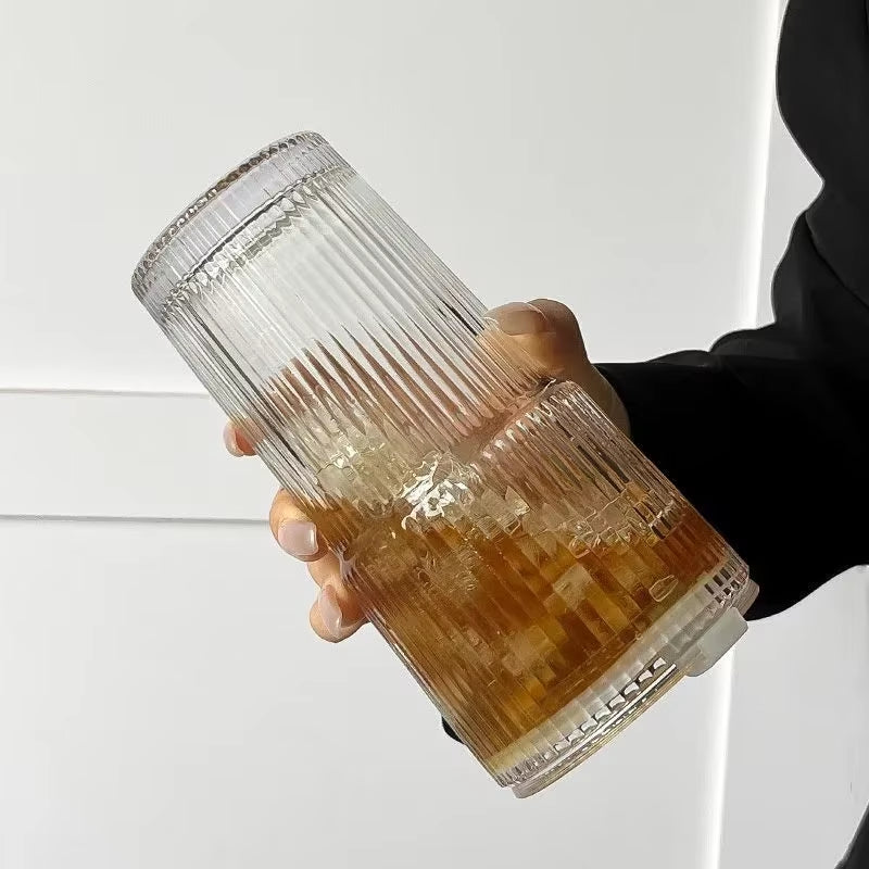 Stylish 600ML Stripe Glass Coffee Cup with Lid & Straw - Perfect for Iced Coffee, Juice, and Milk Tea!