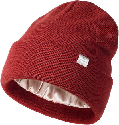Satin Lined Beanie - Stylish Winter Hat for Women & Men, Reduces Frizz, Soft Slouchy Cuffed Design, Less Static