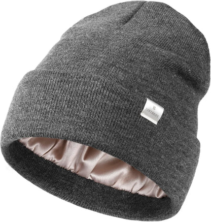 Satin Lined Beanie - Stylish Winter Hat for Women & Men, Reduces Frizz, Soft Slouchy Cuffed Design, Less Static