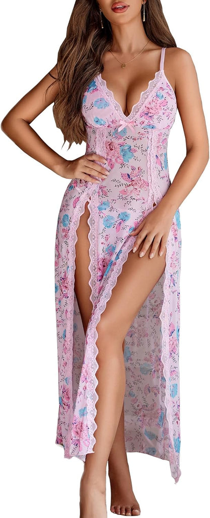 Women's Sexy Lace Babydoll Chemise - V Neck Mesh Nightdress with Side Split Nightgown