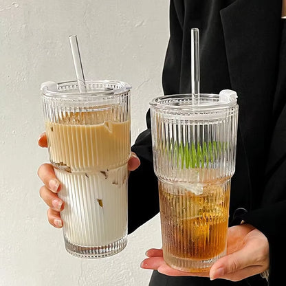 Stylish 600ML Stripe Glass Coffee Cup with Lid & Straw - Perfect for Iced Coffee, Juice, and Milk Tea!