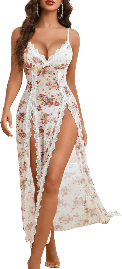 Women's Sexy Lace Babydoll Chemise - V Neck Mesh Nightdress with Side Split Nightgown