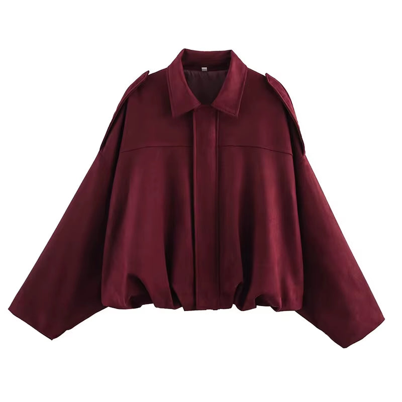New 2025 Women Suede Textured Bomber Jacket Long Sleeve Lapel Collar Loose Coats Casual Female Outerwear Chic Tops
