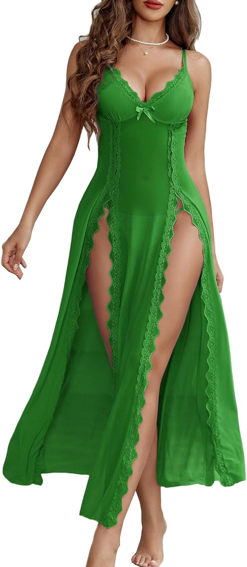 Women's Sexy Lace Babydoll Chemise - V Neck Mesh Nightdress with Side Split Nightgown