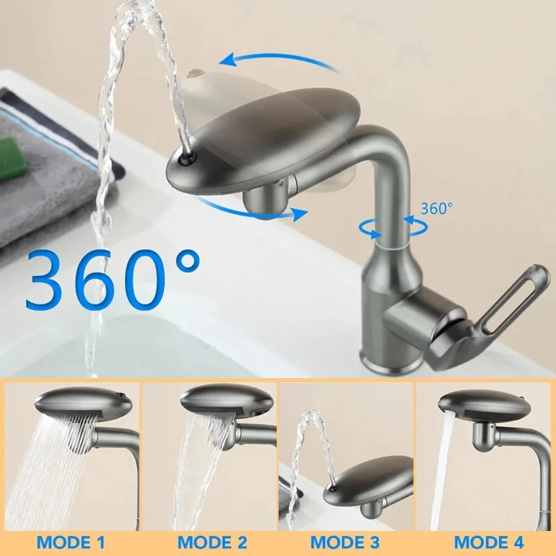 360° Rotating Waterfall Faucet with 4 Spray Modes - Ultimate Hot & Cold Sink Mixer for Your Bathroom