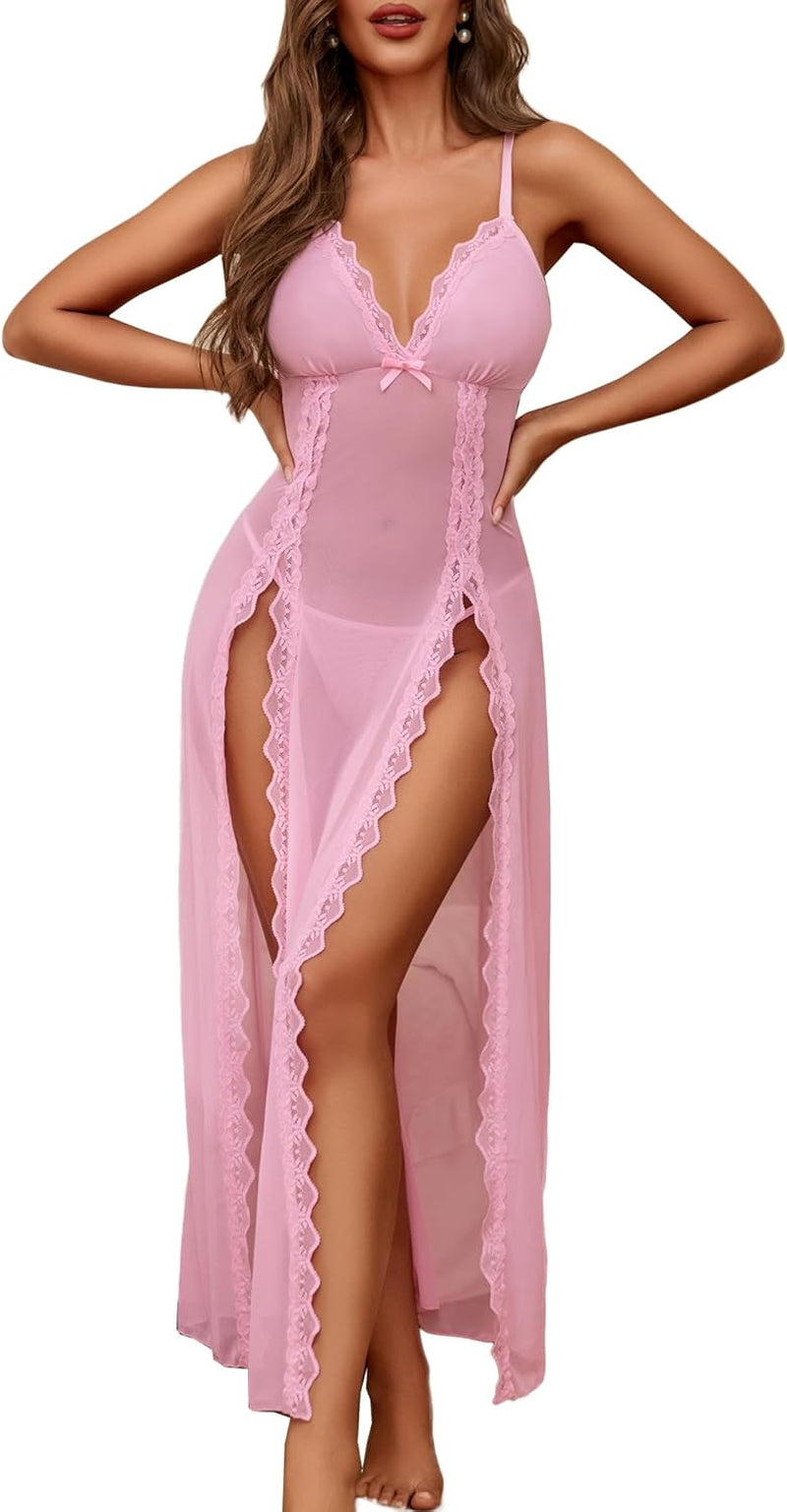 Women's Sexy Lace Babydoll Chemise - V Neck Mesh Nightdress with Side Split Nightgown