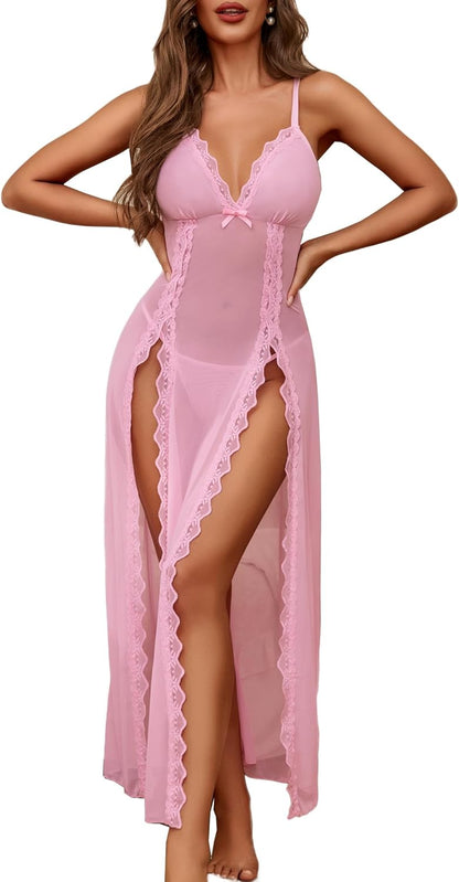 Women's Sexy Lace Babydoll Chemise - V Neck Mesh Nightdress with Side Split Nightgown