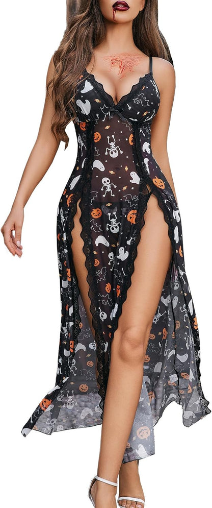 Women's Sexy Lace Babydoll Chemise - V Neck Mesh Nightdress with Side Split Nightgown