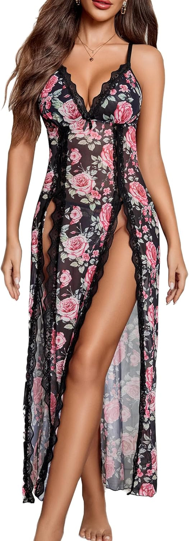 Women's Sexy Lace Babydoll Chemise - V Neck Mesh Nightdress with Side Split Nightgown