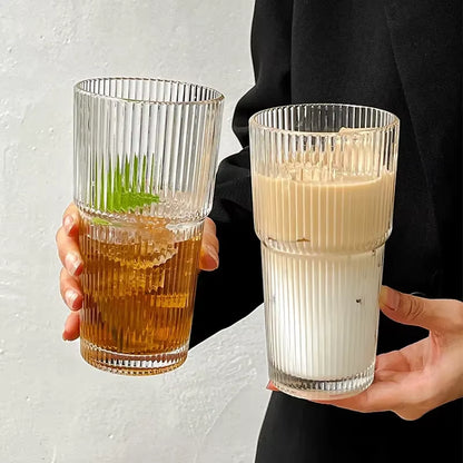 Stylish 600ML Stripe Glass Coffee Cup with Lid & Straw - Perfect for Iced Coffee, Juice, and Milk Tea!