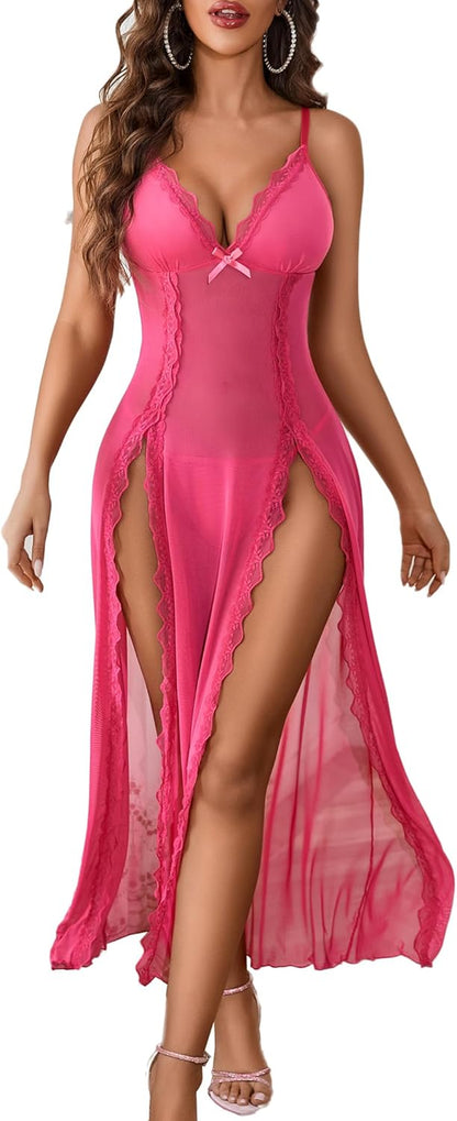 Women's Sexy Lace Babydoll Chemise - V Neck Mesh Nightdress with Side Split Nightgown