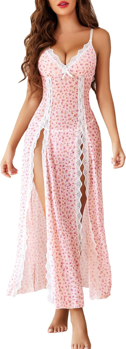 Women's Sexy Lace Babydoll Chemise - V Neck Mesh Nightdress with Side Split Nightgown