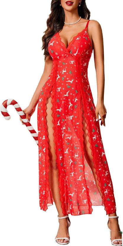 Women's Sexy Lace Babydoll Chemise - V Neck Mesh Nightdress with Side Split Nightgown