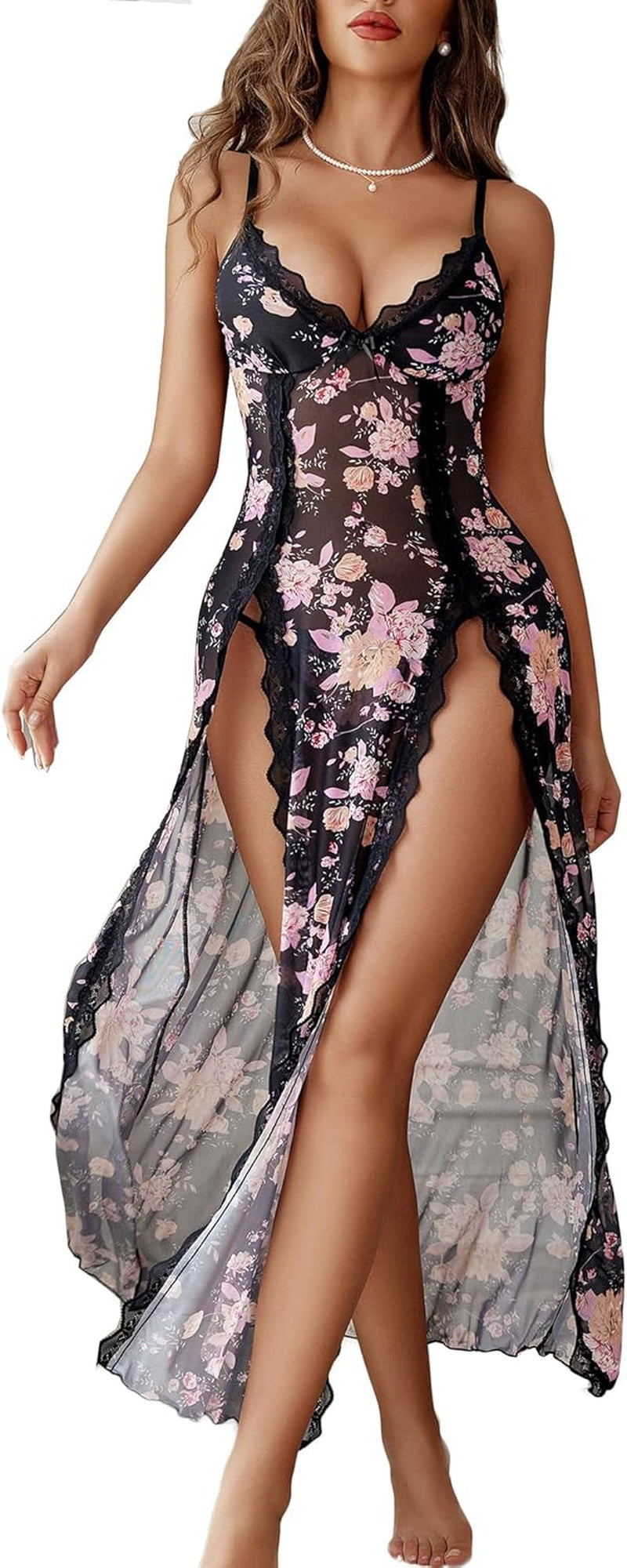 Women's Sexy Lace Babydoll Chemise - V Neck Mesh Nightdress with Side Split Nightgown