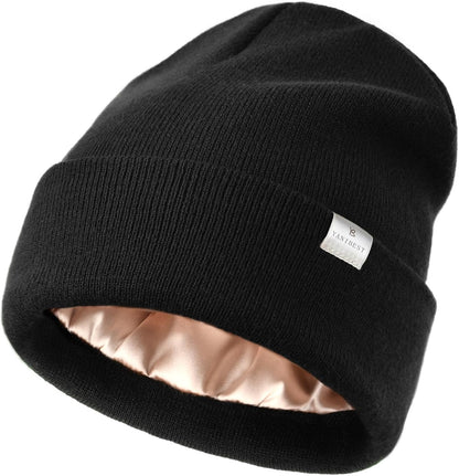 Satin Lined Beanie - Stylish Winter Hat for Women & Men, Reduces Frizz, Soft Slouchy Cuffed Design, Less Static