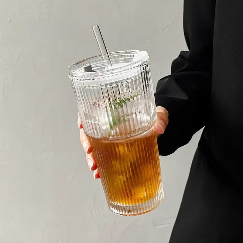Stylish 600ML Stripe Glass Coffee Cup with Lid & Straw - Perfect for Iced Coffee, Juice, and Milk Tea!