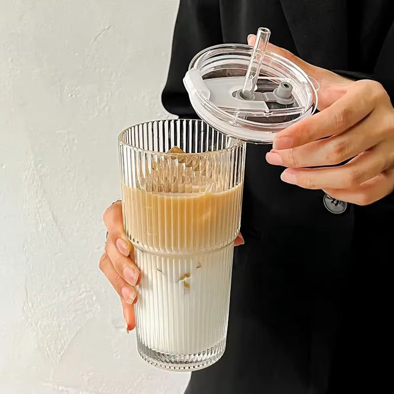 Stylish 600ML Stripe Glass Coffee Cup with Lid & Straw - Perfect for Iced Coffee, Juice, and Milk Tea!